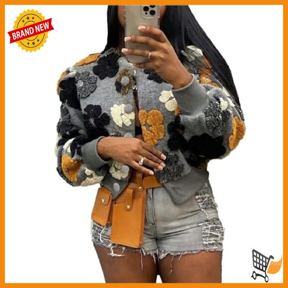 Cropped Floral Shacket Bomber Jacket Women's Long Sleeve - Picture 2 of 8